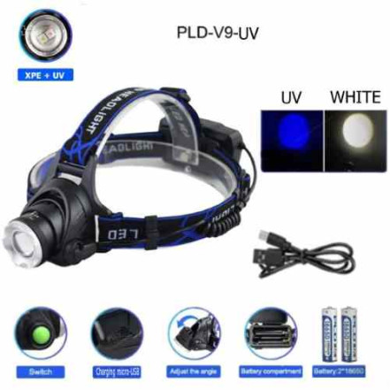 Ліхтар налобний V9-XPE+UV, 2x18650, ЗУ microUSB, zoom, Box Ліхтар налобний V9-XPE+UV, 2x18650, ЗУ microUSB, zoom, Box