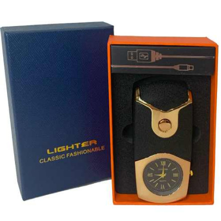 Плазменная USB зажигалка с кварцевыми часами HL-685 Black-matte Gold Плазменная USB зажигалка с кварцевыми часами HL-685 Black-matte Gold