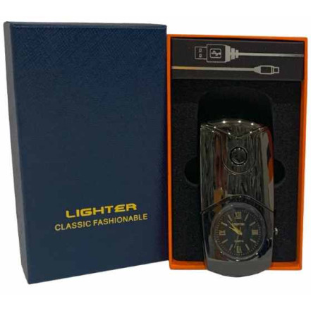 Плазменная USB зажигалка с кварцевыми часами HL-685 Black Плазменная USB зажигалка с кварцевыми часами HL-685 Black